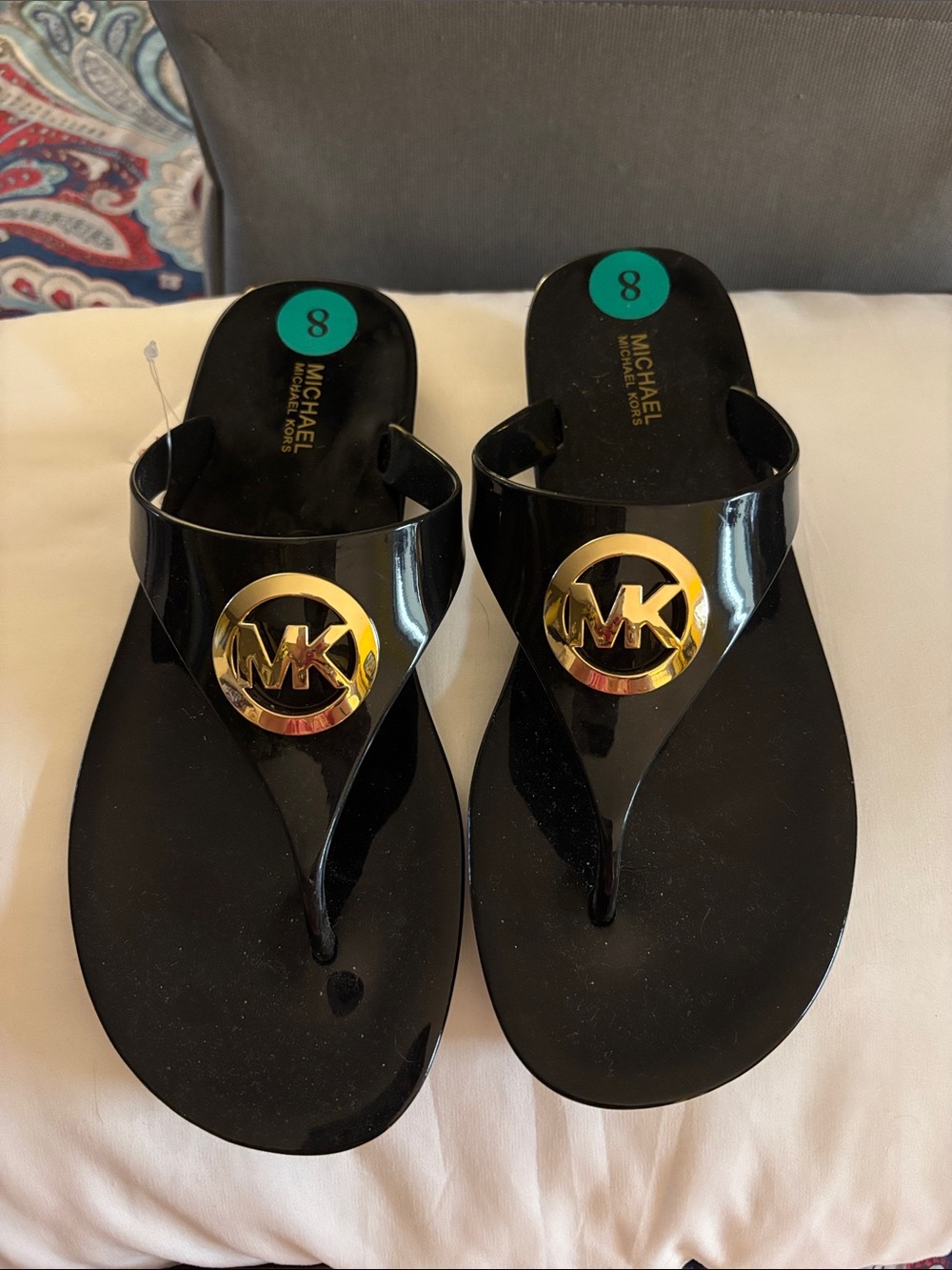 MICHAEL Michael Kors Black Glossy Jelly Sandals with Gold MK Emblem